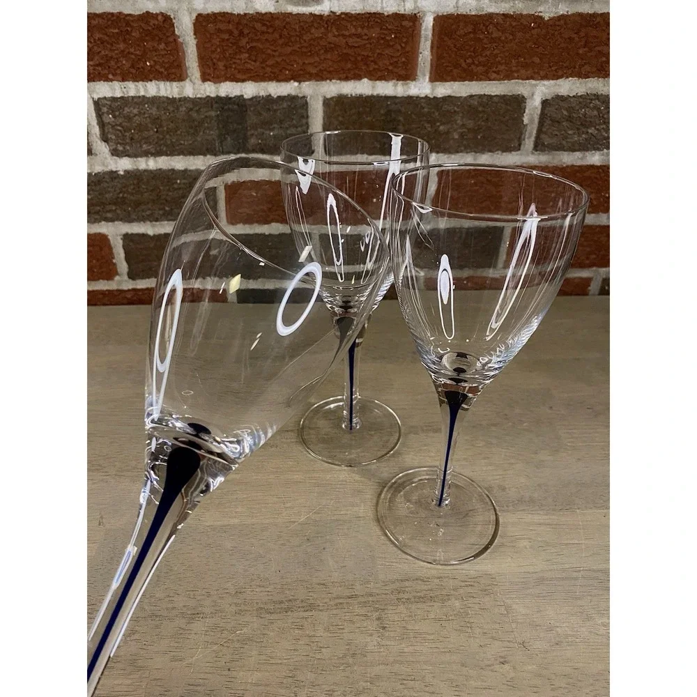 3 PIER 1 Hand-Blown Clear Water Wine Glasses Blue Tear Drop Stem Accent 8 5/8